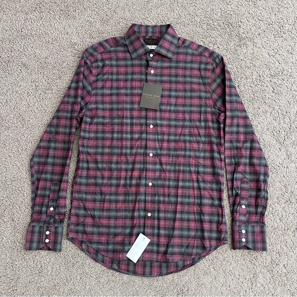 Thomas Dean Collection Plaid Pink Gray Button Up Shirt Mens S